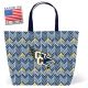 lightweight open top tote in blue and gold